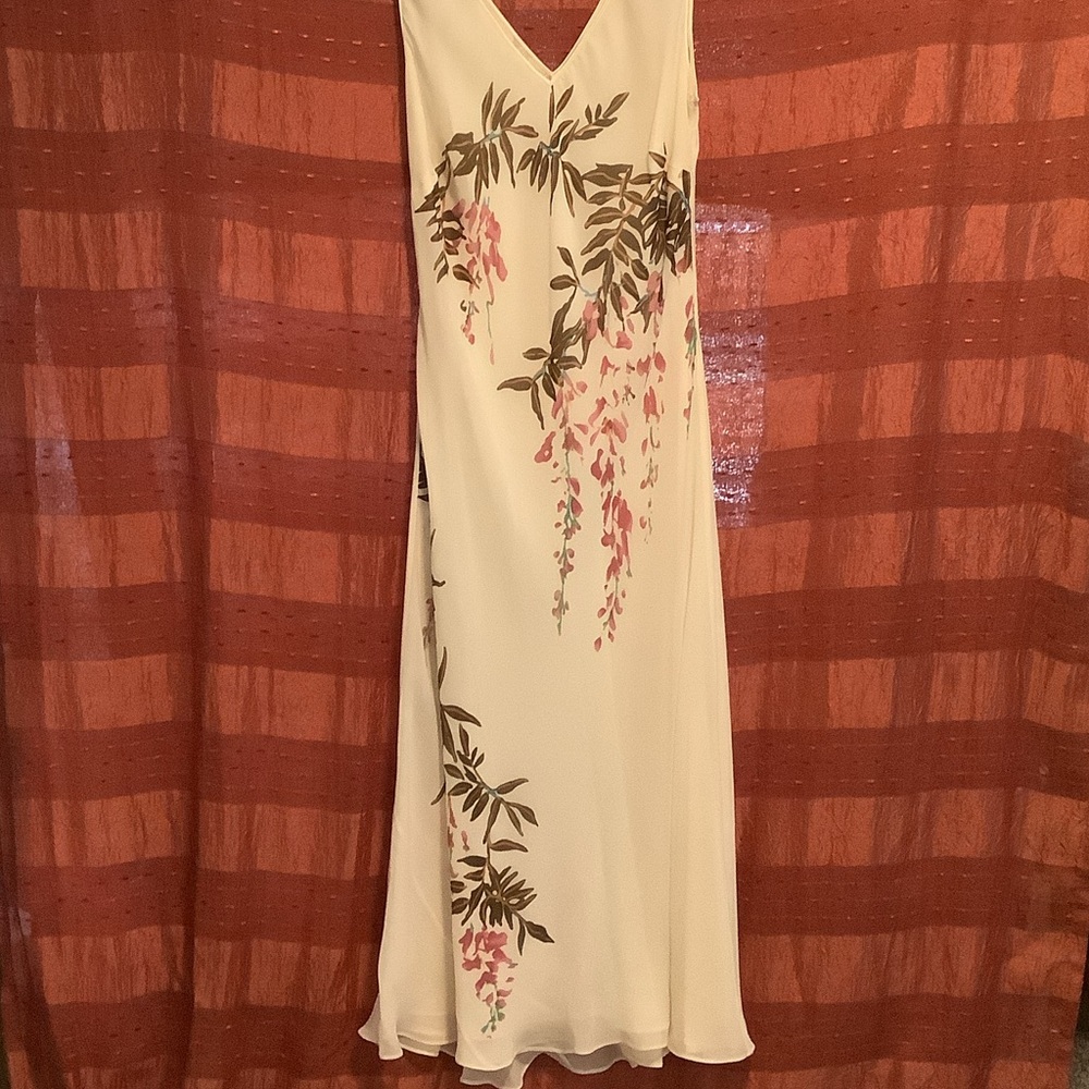 Bloomingdale's Cream Maxi Dress with Pink Floral V-Neck